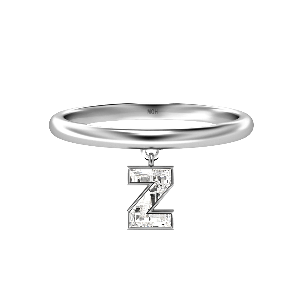 Z Letter Alphabet-18K White Gold-Drop Ring-7 mm