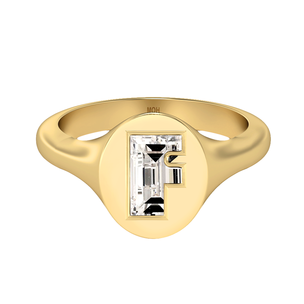 F Letter Alphabet-18K Yellow Gold-Signet Ring-7 mm