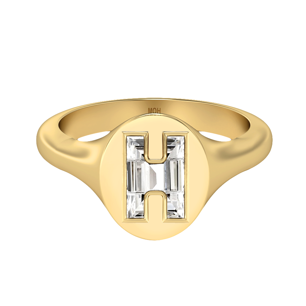 H Letter Alphabet-18K Yellow Gold-Signet Ring-7 mm