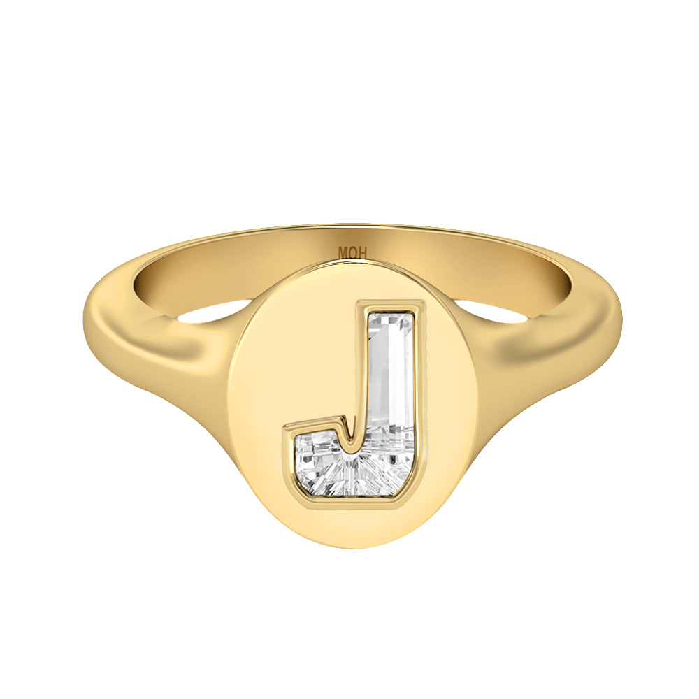 J Letter Alphabet-18K Yellow Gold-Signet Ring-7 mm