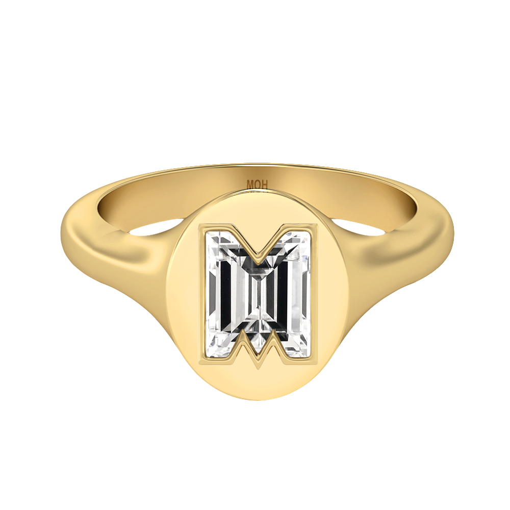M Letter Alphabet-18K Yellow Gold-Signet Ring-7 mm