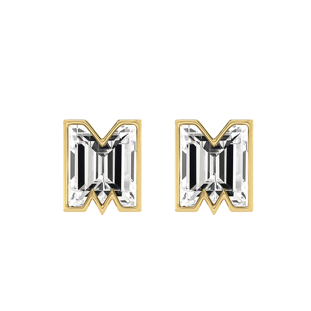 M Letter Alphabet-18K Yellow Gold-Stud Earrings-7 mm