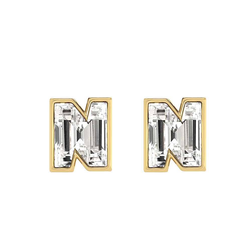 N Letter Alphabet-18K Yellow Gold-Stud Earrings-7 mm