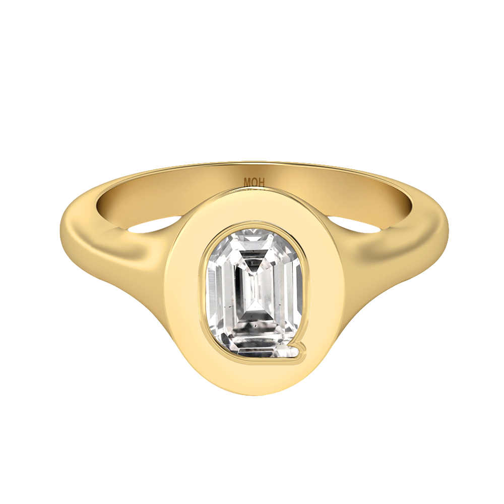 Q Letter Alphabet-18K Yellow Gold-Signet Ring-7 mm