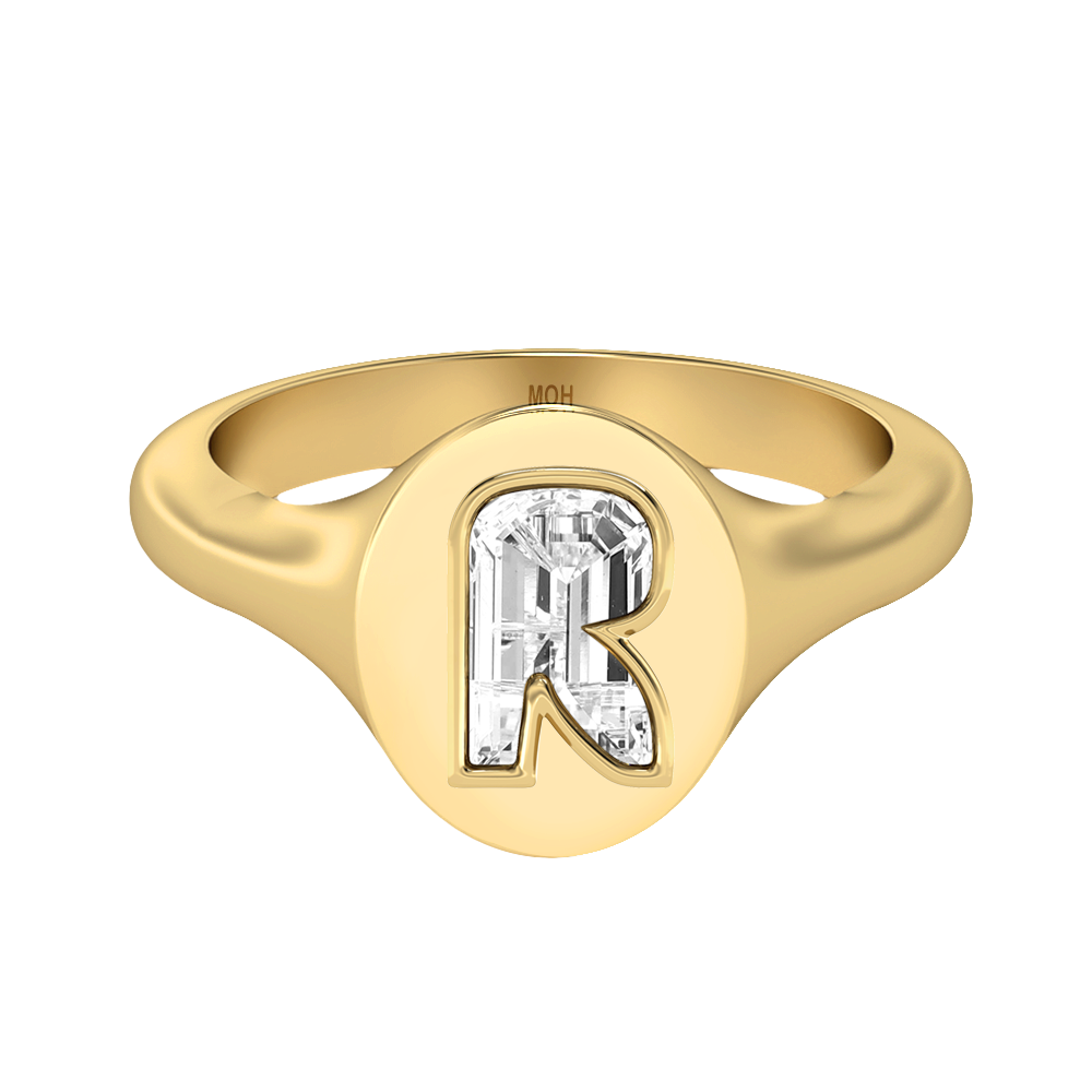 R Letter Alphabet-18K Yellow Gold-Signet Ring-7 mm