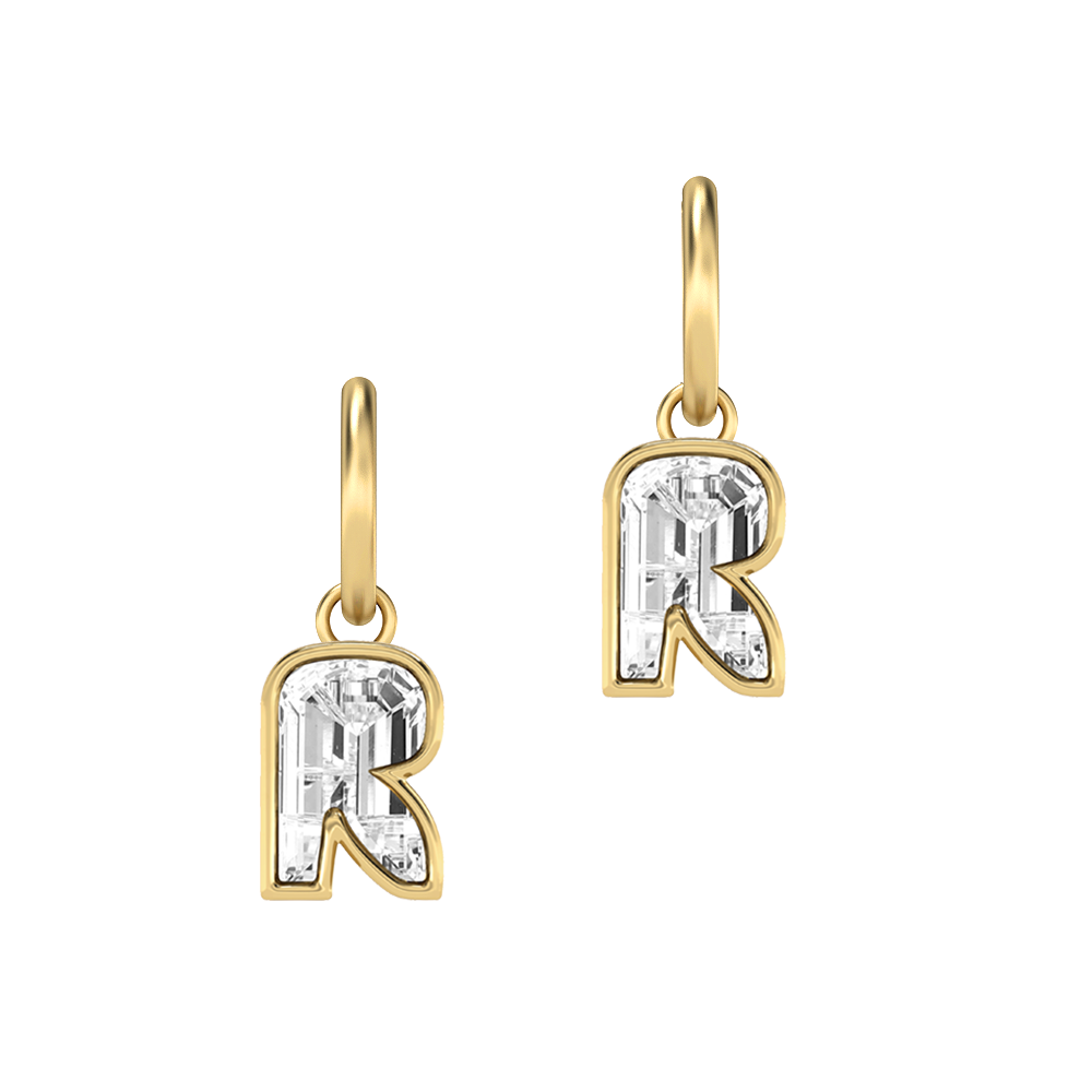 R Letter Alphabet-18K Yellow Gold-Hoop Earrings-7 mm