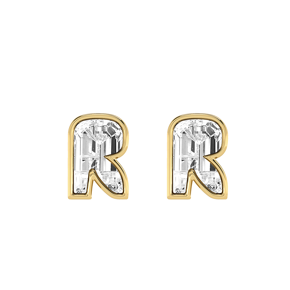 R Letter Alphabet-18K Yellow Gold-Stud Earrings-7 mm
