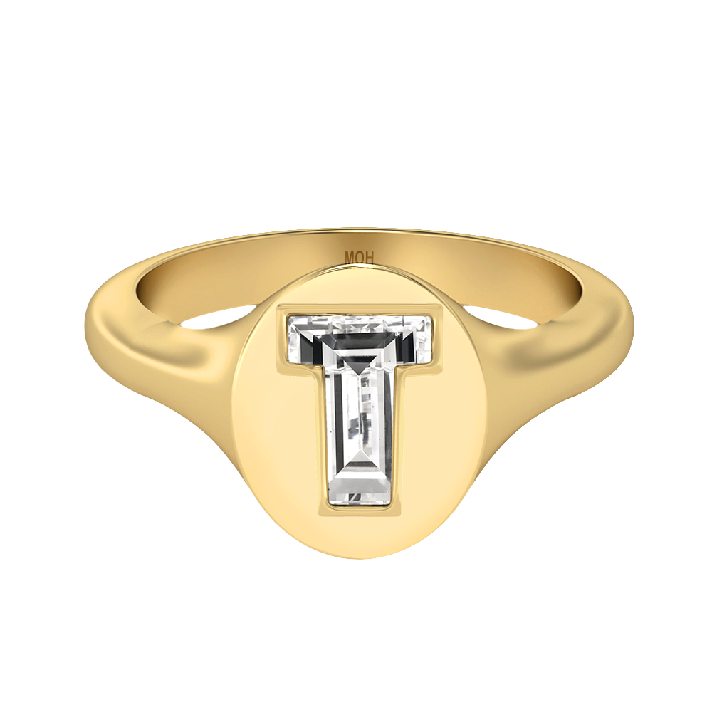 T Letter Alphabet-18K Yellow Gold-Signet Ring-7 mm