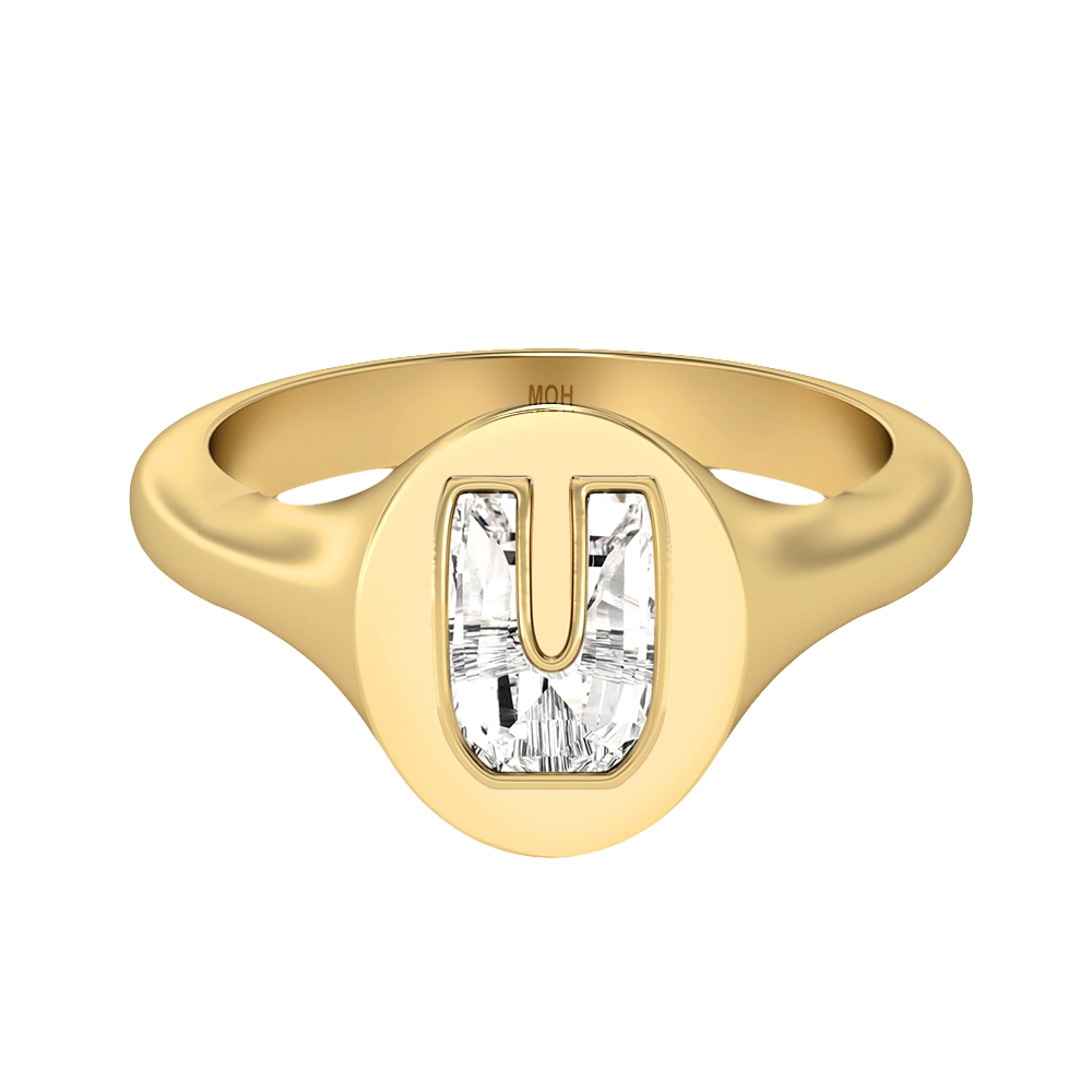 U Letter Alphabet-18K Yellow Gold-Signet Ring-7 mm