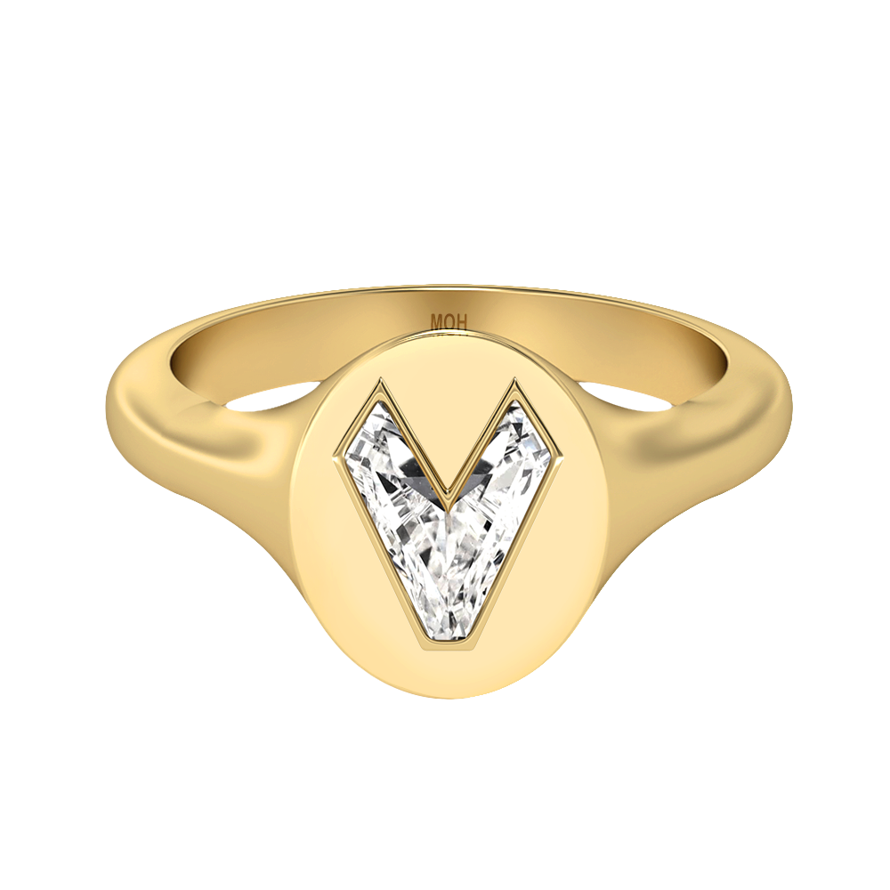 V Letter Alphabet-18K Yellow Gold-Signet Ring-7 mm