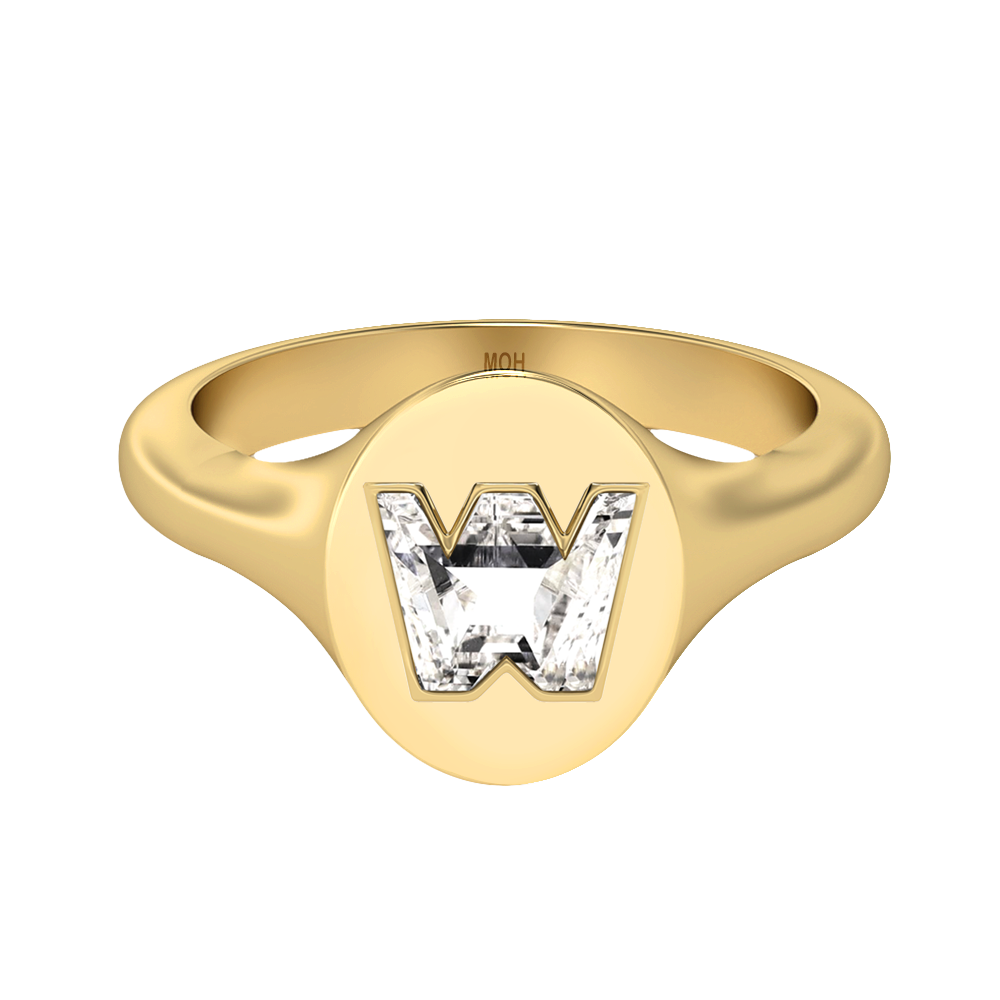 W Letter Alphabet-18K Yellow Gold-Signet Ring-7 mm
