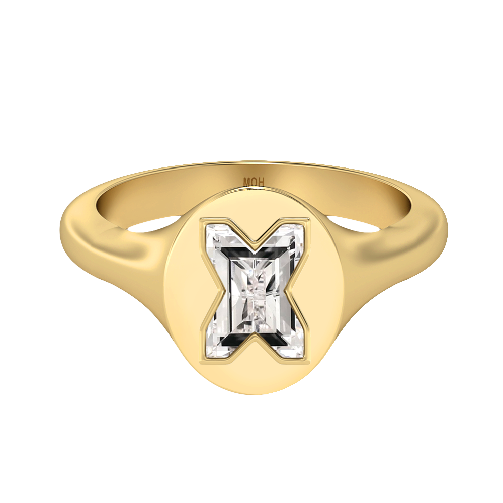 X Letter Alphabet-18K Yellow Gold-Signet Ring-7 mm
