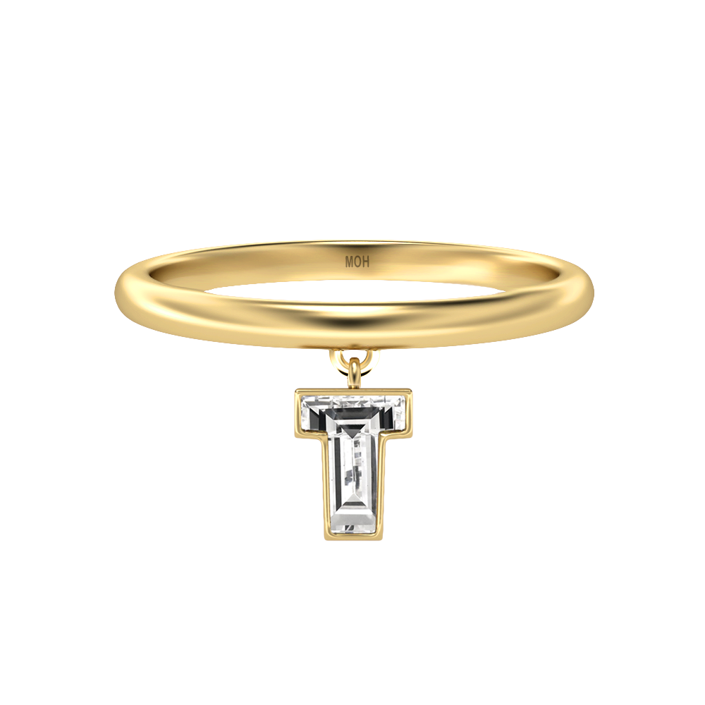 T Letter Alphabet-18K Yellow Gold-Drop Ring-7 mm